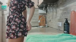 lilybarby : A young milf is bored alone at home and passionately masturbates on the kitchen table. And then fucks herself with a huge dildo and moans, cumming from its frictions. Her short dress barely covers her ass.